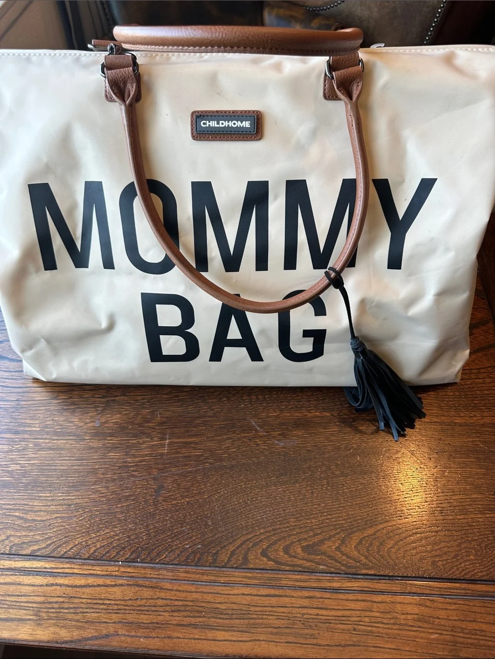 Cream Mommy Bag Tote with Brown Handles